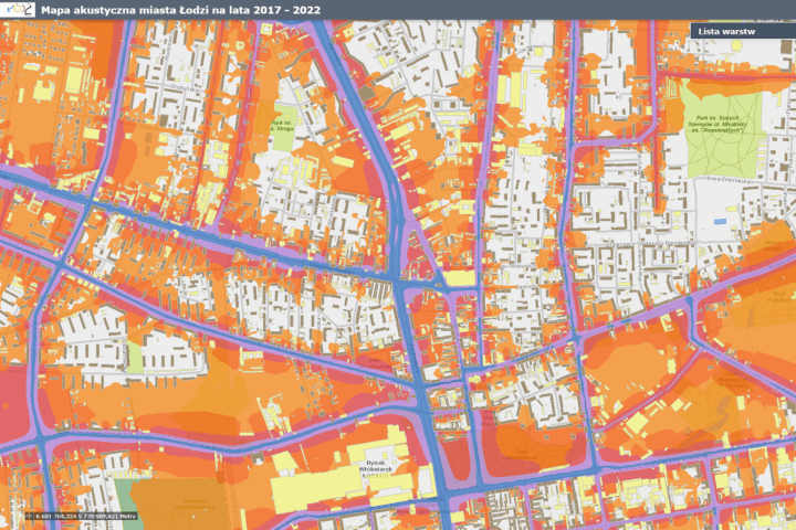 Mapa akustyczna Łodzi -  Budynki,  Zasięg hałasu - Hałas drogowy LDWN imisja
