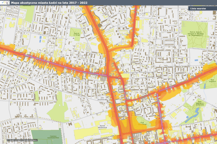 Mapa akustyczna Łodzi - Budynki,  Zasięg hałasu - Hałas tramwajowy LDWN imisja