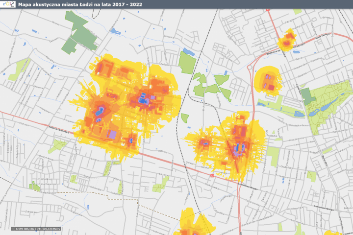 Mapa akustyczna Łodzi - Zasięg hałasu - Hałas przemysłowy LDWN imisja