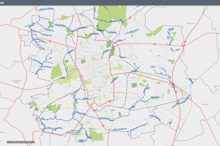 Mapa dawnych rzek w Łodzi - Cieki aktualne