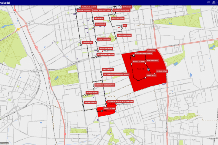 Mapa turystyczna Łodzi - Industrialna Łódź. Trasy: Osada Łódka, Księży Młyn, Centrum.
