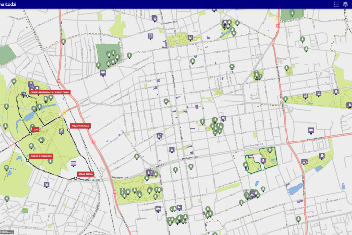 Mapa turystyczna Łodzi - Trasa Zdrowie, Zielona Łódź, Rekreacja.