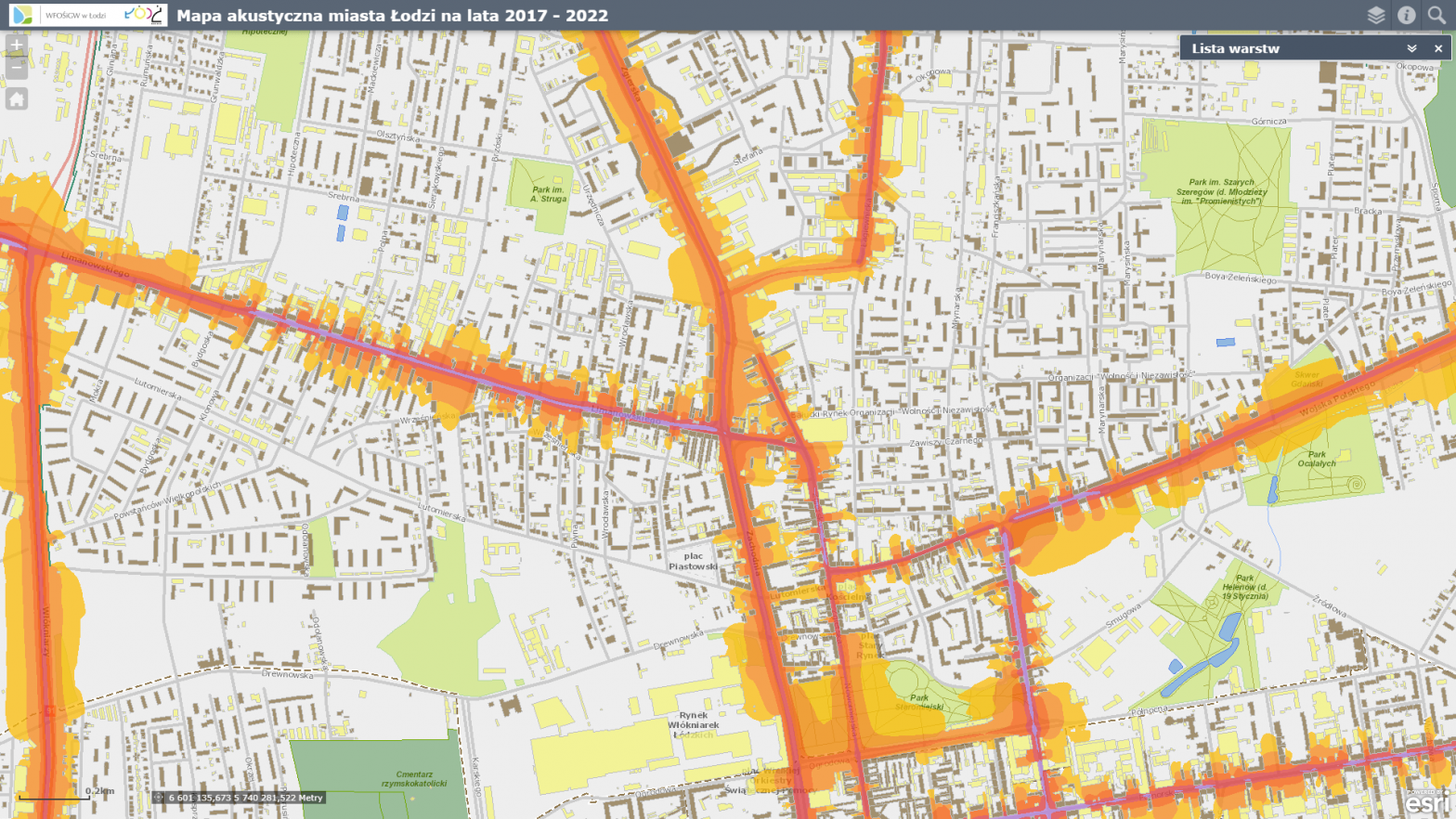Mapa akustyczna Łodzi - Budynki, Zasięg hałasu - Hałas tramwajowy LDWN imisja